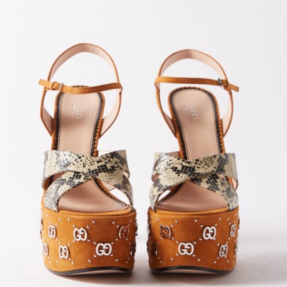 Gucci Women's Natural Janaya Leather And Suede Platform Sandals logo size 36 new
